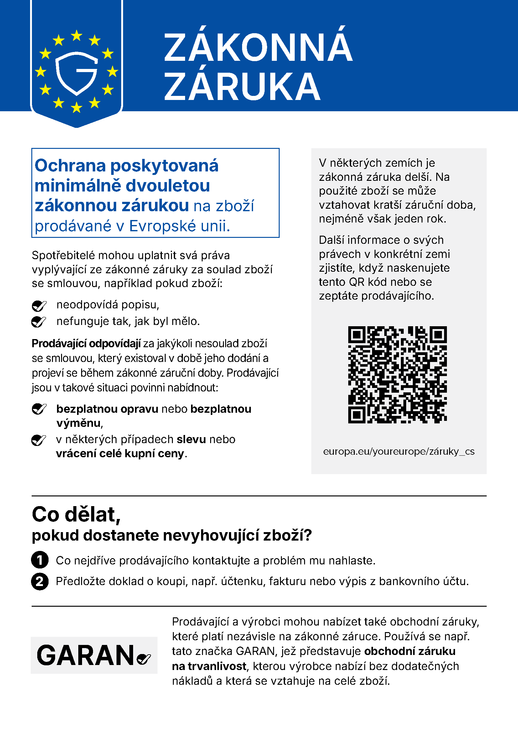 Zákonná záruka – práva spotřebitelů v EU Upozornění EU ohledně zákonné záruky s právy spotřebitelů a QR kódem