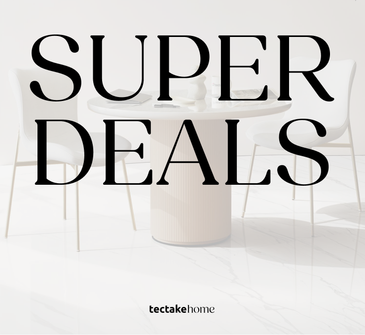 Kulatý jídelní stůl s elegantními bílými židlemi v minimalistickém interiéru – tectake Superdeals.